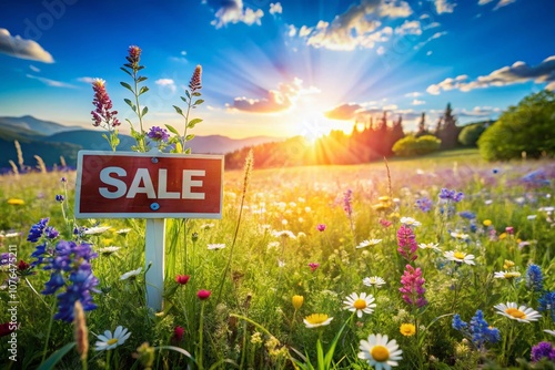 For Sale Sign in a Beautiful Summer Meadow: Capturing Nature's Serenity with a Vibrant Background of Wildflowers and Lush Green Grass Under a Clear Blue Sky