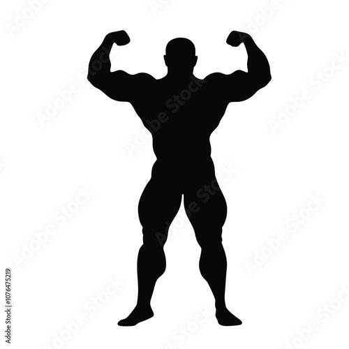 A man with a muscular build is standing in a black and white photo. He is flexing his biceps and is wearing a black shirt