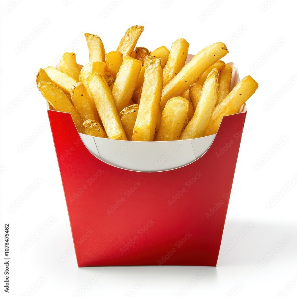 A serving of crispy golden French fries in a red takeout container, perfect for fast food cravings and snack time. A serving of crispy golden French fries in a red takeout container, perfect for fast food cravings and snack time.