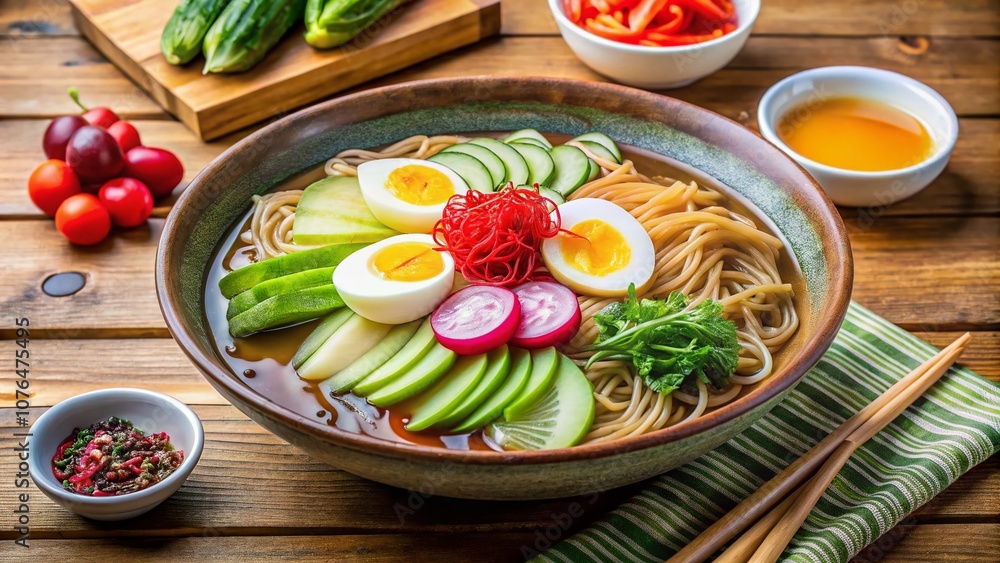 Fresh and Delicious Naengmyeon in a Bowl with Colorful Condiments, Showcasing the Perfect Summer Dish with Bright Vegetables, Sliced Meat, and Tangy Sauce for a Refreshing Meal Fresh and Delicious Naengmyeon in a Bowl with Colorful Condiments, Showcasing the Perfect Summer Dish with Bright Vegetables, Sliced Meat, and Tangy Sauce for a Refreshing Meal