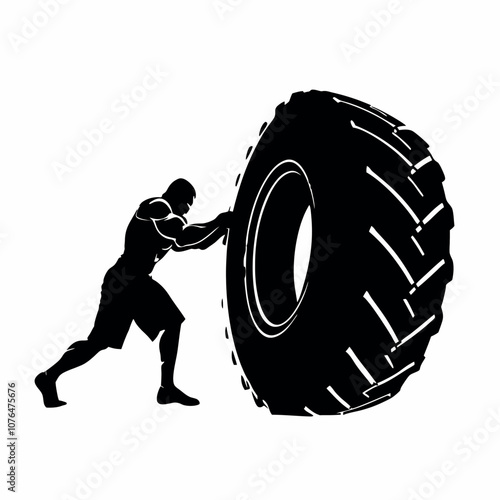 A man is lifting a tire. The tire is black and white. The man is wearing shorts