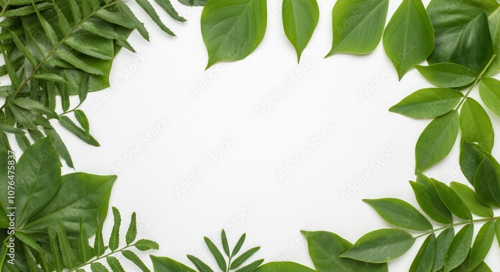 Green foliage frame with various leaves on white background Green foliage frame with various leaves on white background