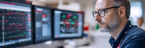 Man analyzing data on computer monitor.