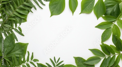 Green foliage frame with various leaves on white background