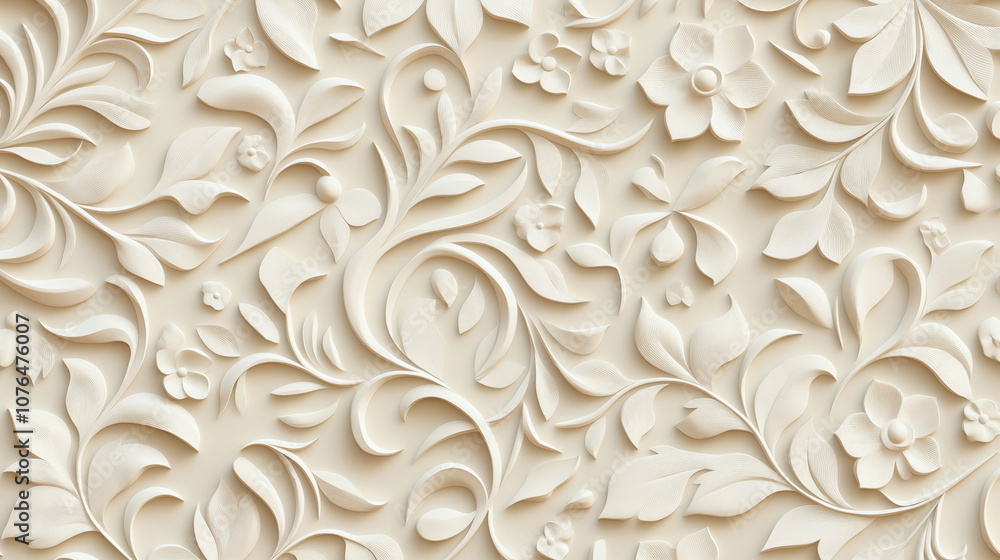 Elegant beige floral pattern with intricate three-dimensional leaf and flower details, creating a textured and ornamental wallpaper design. Elegant beige floral pattern with intricate three-dimensional leaf and flower details, creating a textured and ornamental wallpaper design.