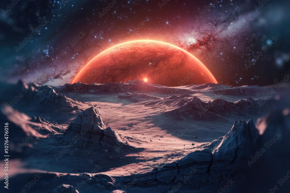 A fiery red planet rises over a desolate alien landscape. A fiery red planet rises over a desolate alien landscape.