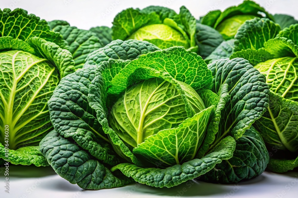 Obraz premium Fresh Green Cabbages on White Background: A Vibrant Culinary Staple Showcasing the Freshness and Nutritional Value of This Popular Vegetable for Healthy Cooking