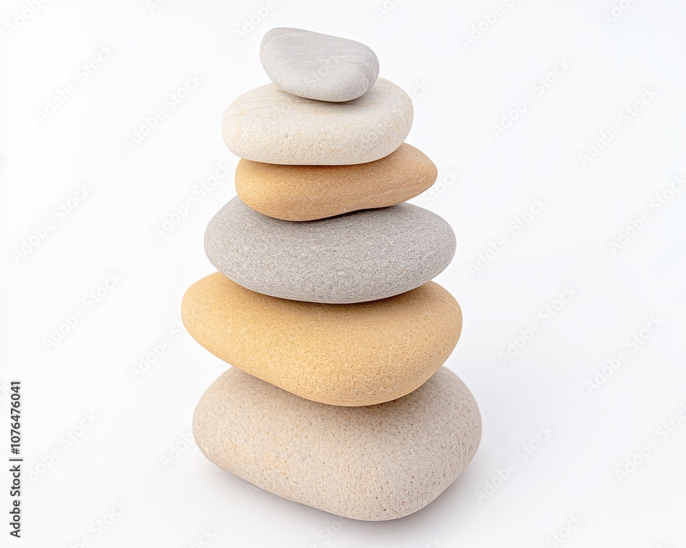A stack of smooth, polished stones in various colors creating a harmonious balance on a white background. A stack of smooth, polished stones in various colors creating a harmonious balance on a white background.