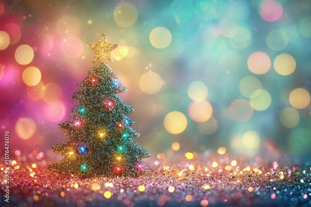 Christmas tree with colorful lights and star on top, sparkling background with bokeh effects Perfect for holiday themed decor or festive illustrations Christmas tree with colorful lights and star on top, sparkling background with bokeh effects Perfect for holiday themed decor or festive illustrations
