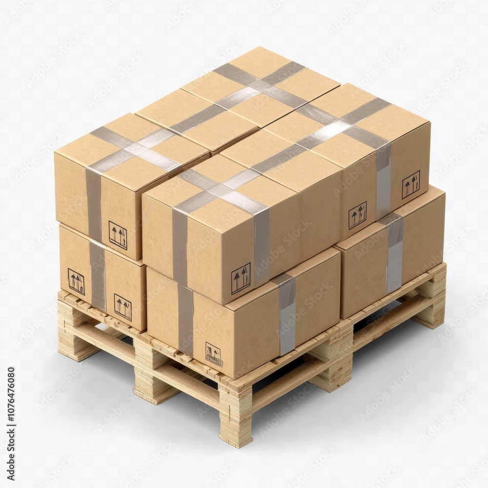 A stack of cargo boxes securely placed on a wooden pallet, ideal for shipping and storage purposes. A stack of cargo boxes securely placed on a wooden pallet, ideal for shipping and storage purposes.