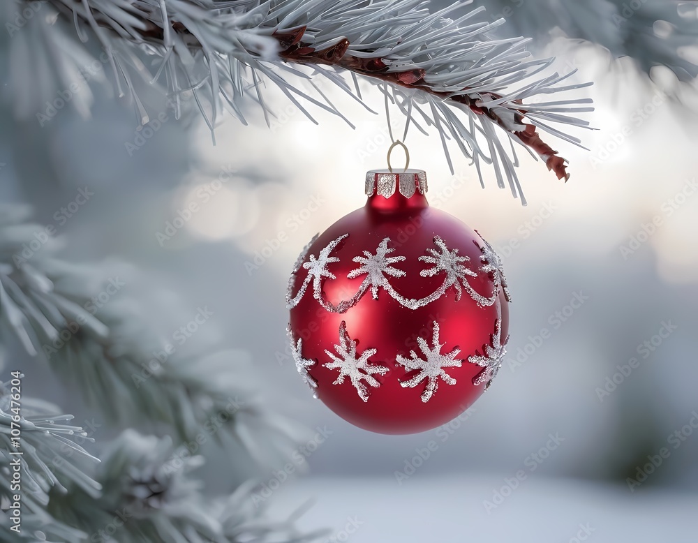 A decorative red ornament hangs from a snow-covered pine tree branch during a winter snowstorm A decorative red ornament hangs from a snow-covered pine tree branch during a winter snowstorm