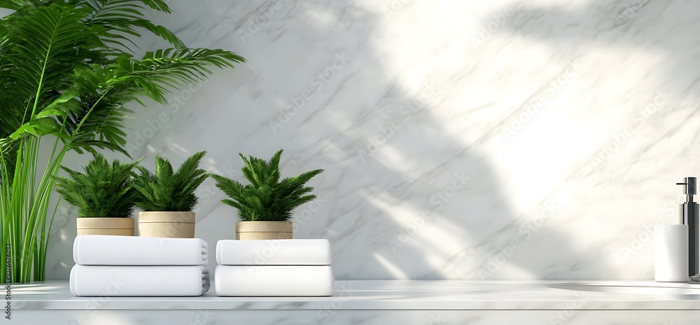 Minimalist bathroom with white towels, potted plants, and marble background. Minimalist bathroom with white towels, potted plants, and marble background.