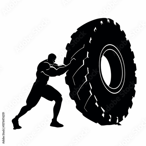 A man is lifting a tire. The tire is black and white. The man is wearing shorts
