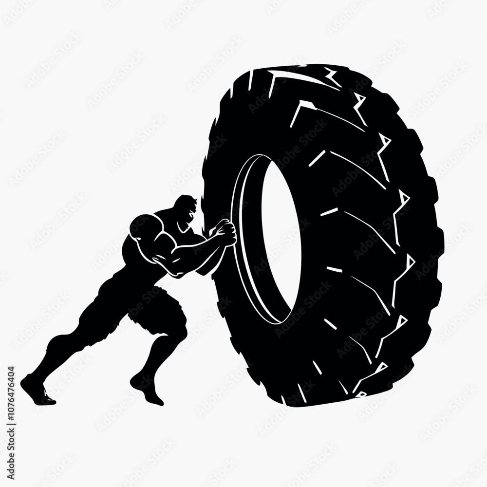 A man is lifting a tire. The tire is black and white. The man is wearing shorts