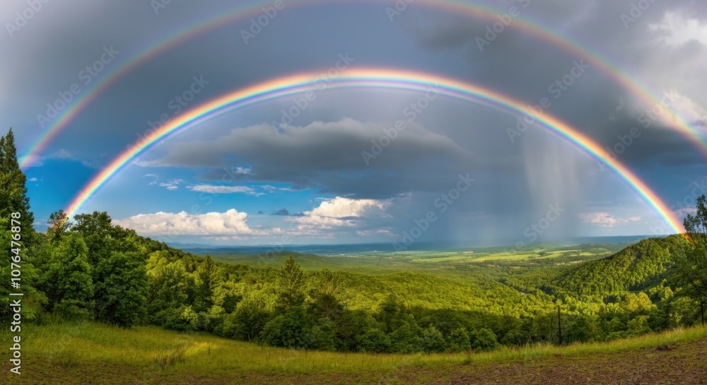 Naklejka premium Majestic double rainbow over lush green landscape with blue sky and dramatic clouds