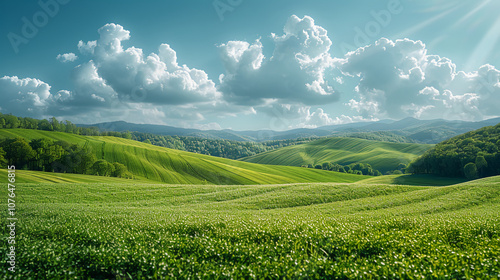 Beautiful Green Hills and Misty Mountains Under Soft Sunlight