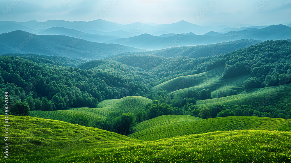 Fototapeta premium Beautiful Green Hills and Misty Mountains Under Soft Sunlight