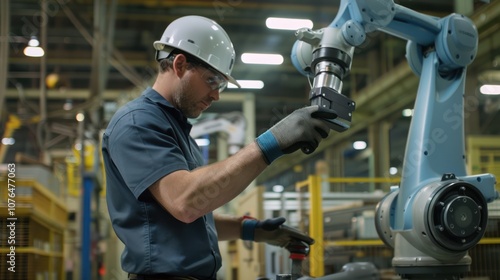 Industrial Worker Operating Robotic Arm in Factory