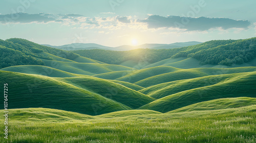 Beautiful Green Hills and Misty Mountains Under Soft Sunlight