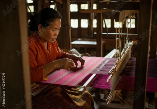 Middle-aged asian female artisan weaving traditional textile on loom in rustic workshop