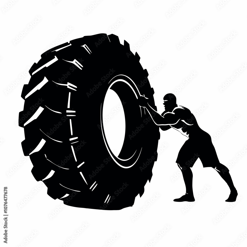A man is lifting a tire. The tire is black and white. The man is wearing shorts