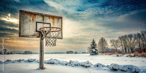 A dilapidated basketball hoop looms over a snowy court, encapsulating winter's chill. Vintage photography immortalizes the beauty of outdoor sports amid the quiet landscape. photo