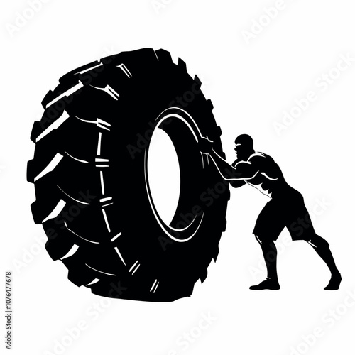 Obraz na płótnie A man is lifting a tire. The tire is black and white. The man is wearing shorts w salonie