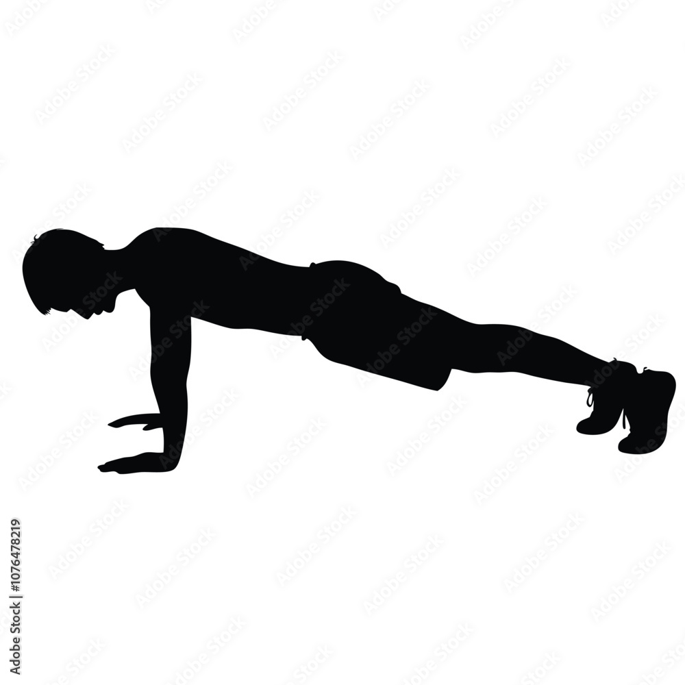 A man doing a push up. He is wearing shorts and a shirt