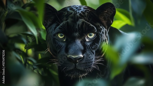 A black panther with piercing green eyes stares directly at the camera from amidst lush green foliage. photo