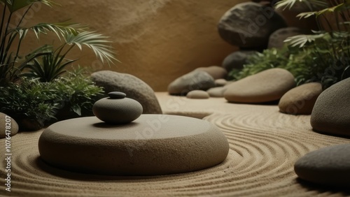 A serene, minimalist zen garden with smooth stones and a round sand dish. Perfect for tranquility and relaxation themes photo