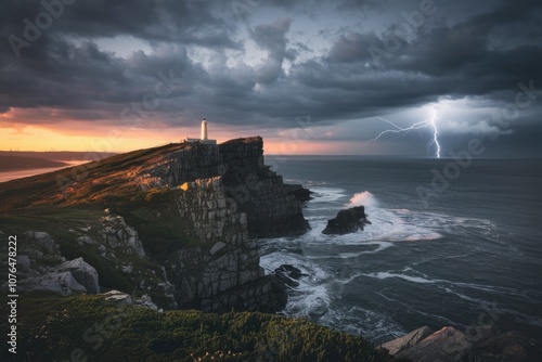 Lighthouse on a cliff overlooking the stormy sea with lightning in the distance.