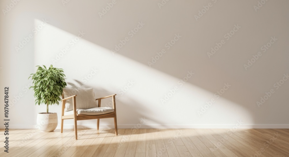 Minimalist living room with wooden chair and potted plant Minimalist living room with wooden chair and potted plant
