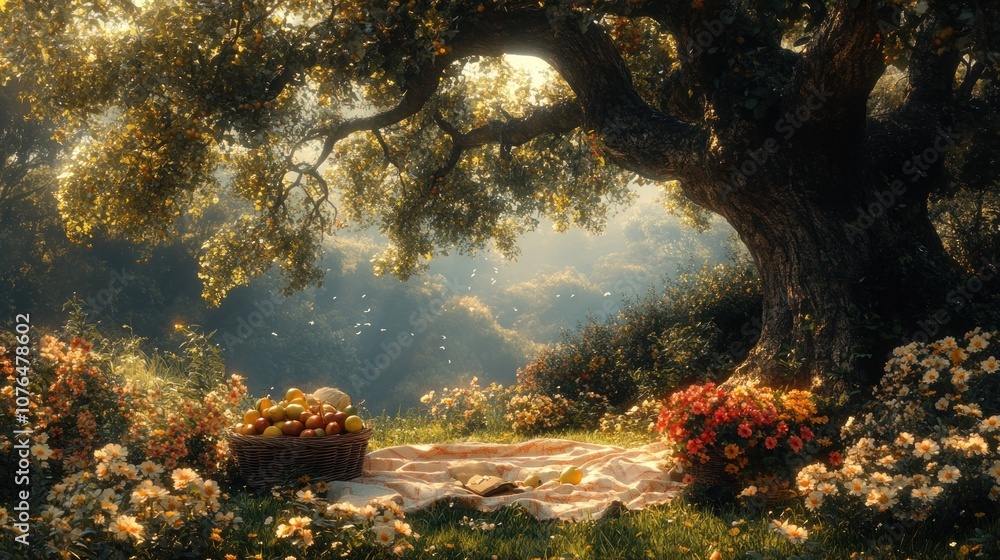 A serene picnic setup under a large tree surrounded by flowers. A serene picnic setup under a large tree surrounded by flowers.