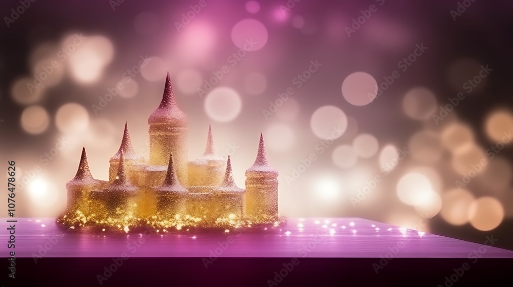 A Sparkling Gold Castle Silhouette Against a Blurred Pink and White Bokeh Background A Sparkling Gold Castle Silhouette Against a Blurred Pink and White Bokeh Background