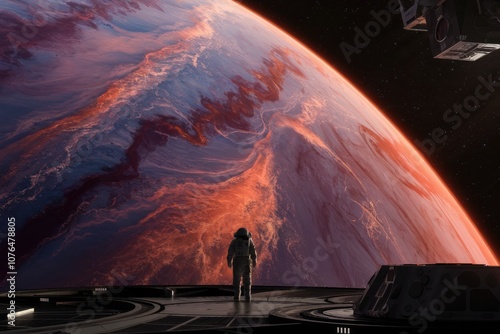 Fototapeta Naklejka Na Ścianę i Meble -  An astronaut stands on a space station  gazing at a distant planet with swirling clouds.