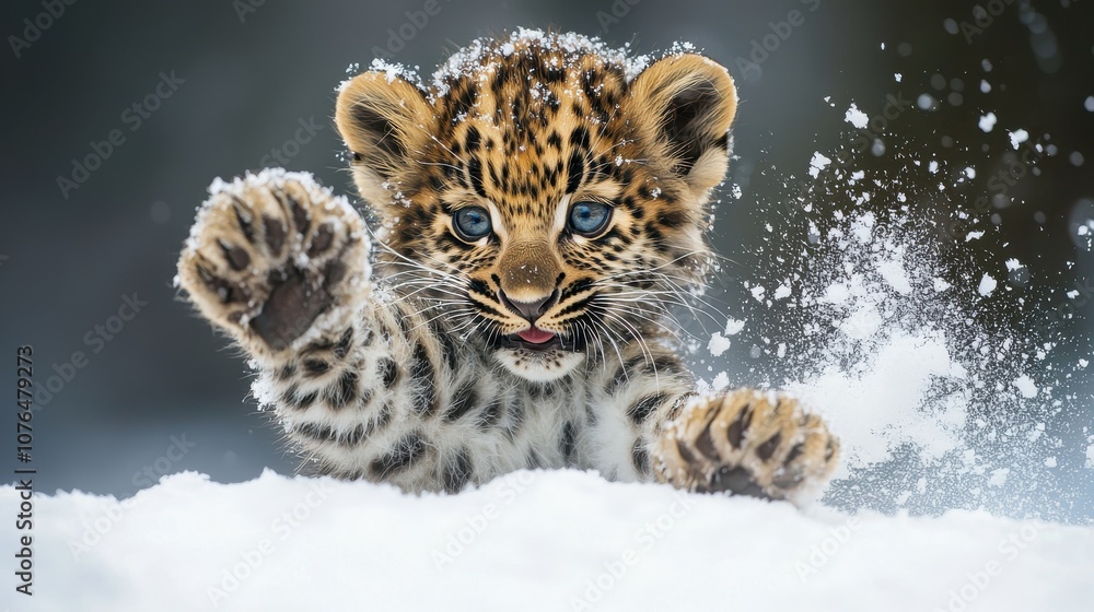 Obraz premium Adorable leopard cub playing in the snow, wildlife winter scene with playful baby animal and sparkling snowflakes, heartwarming nature photography, Ai Generation