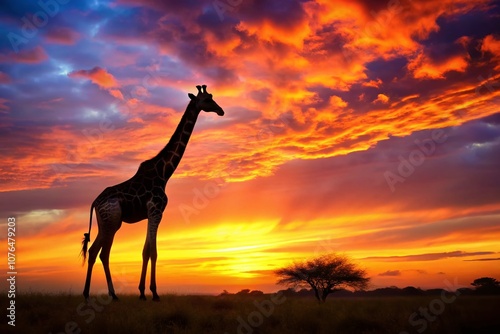 Giraffe Silhouette Against a Stunning Sunset Sky - Perfect for Wildlife, Savanna, and Safari Themes in Nature Photography