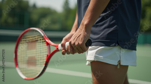 Close-up of a tennis player's hand gripping a racket on a sunny court