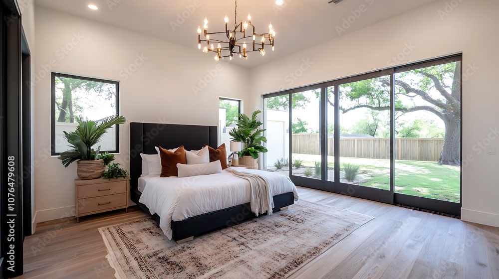 Fototapeta premium Modern bedroom with large windows overlooking a backyard.