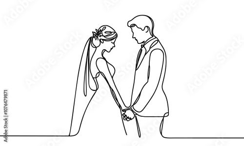 Newlyweds, wedding couple, bride and groom in continuous line drawing style. black line sketch, line design isolated on white background. Hand drawn vector illustration.