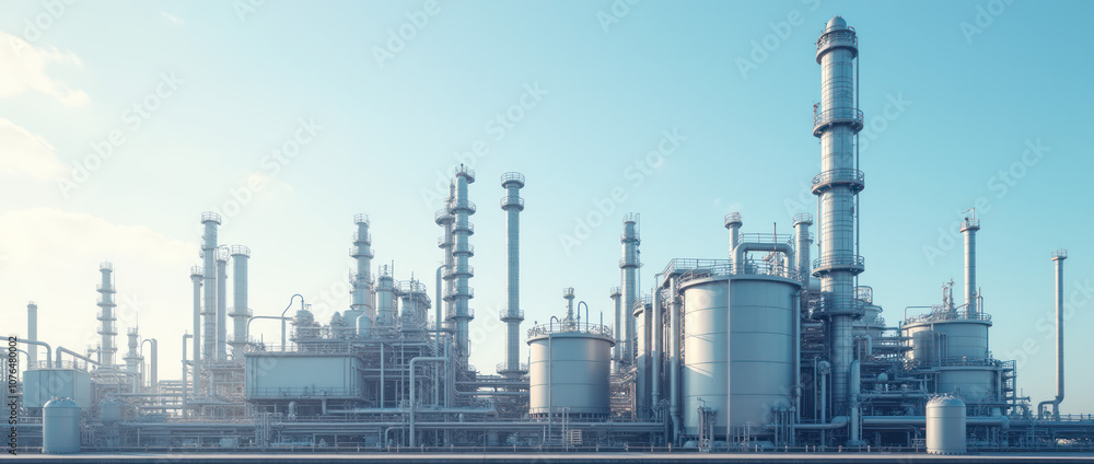 Hyper-realistic view of a chemical plant with storage tanks and intricate piping Hyper-realistic view of a chemical plant with storage tanks and intricate piping