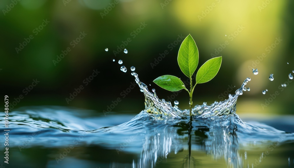 A small green plant emerges from water, creating a splash, symbolizing growth and renewal in a tranquil natural setting. A small green plant emerges from water, creating a splash, symbolizing growth and renewal in a tranquil natural setting.