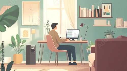 Parent working remotely at home, familyfriendly setup, flat design illustration photo