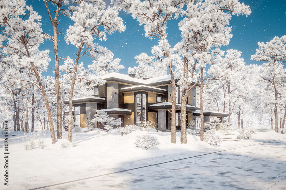 3d rendering of modern two story house with gray and wood accents, large windows, parking space in the right side of the building. Cool winter day with shiny white snow 3d rendering of modern two story house with gray and wood accents, large windows, parking space in the right side of the building. Cool winter day with shiny white snow
