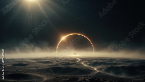 A breathtaking view of a cosmic landscape featuring a glowing ring around a distant planet, surrounded by ethereal clouds and starry skies. Perfect for sci-fi themes