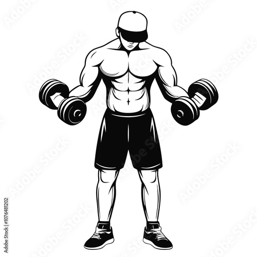 A man is lifting weights. He is holding two dumbbells in each hand. He is wearing a black hat