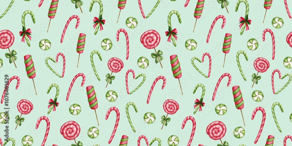 Peppermint candies and lollipops in a seamless pattern on a green background. Perfect for festive textiles or packaging materials. Peppermint candies and lollipops in a seamless pattern on a green background. Perfect for festive textiles or packaging materials.
