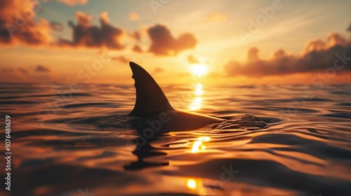 Fin of a shark moving through calm waters during sunset, creating a mysterious ripple effect against the golden hues of dusk