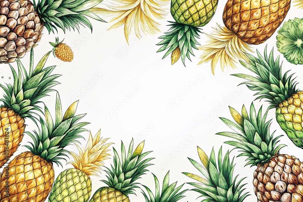 Hand-Drawn Pineapple Pattern for Tropical Decor and Fashion with Copy Space on the Right Side for Text Overlay and Branding Opportunities in Natural Sketch Style Hand-Drawn Pineapple Pattern for Tropical Decor and Fashion with Copy Space on the Right Side for Text Overlay and Branding Opportunities in Natural Sketch Style