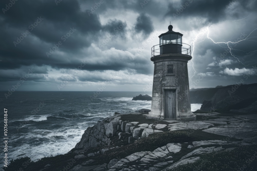 A solitary lighthouse stands tall on a rocky cliff with stormy seas and lightning in the sky. A solitary lighthouse stands tall on a rocky cliff with stormy seas and lightning in the sky.